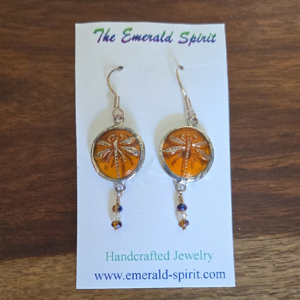 Vintage Glass Button Earrings with Silver Dragonfly